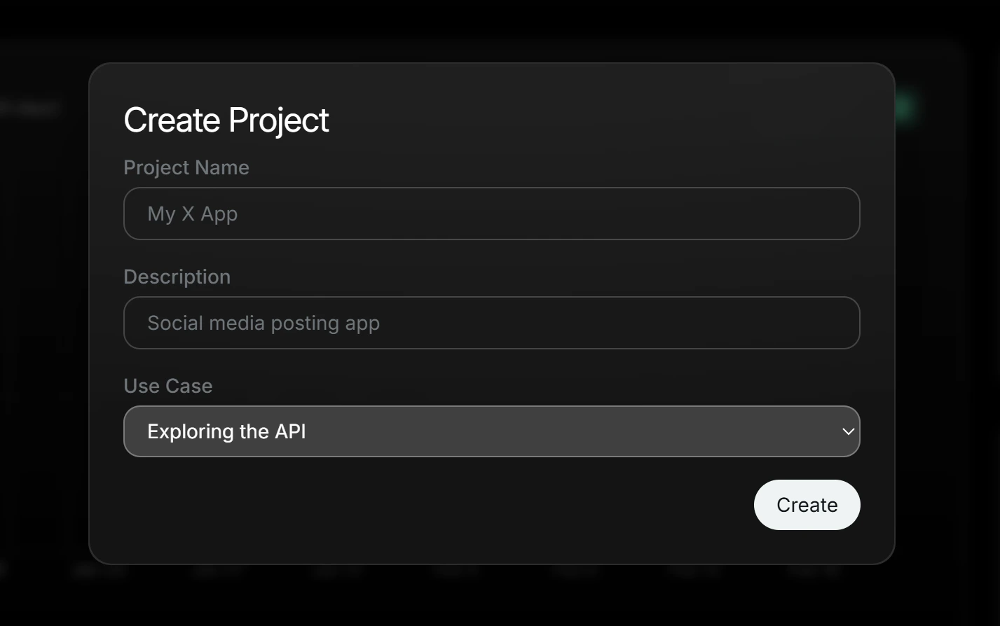 Create Project form in X Developer Console