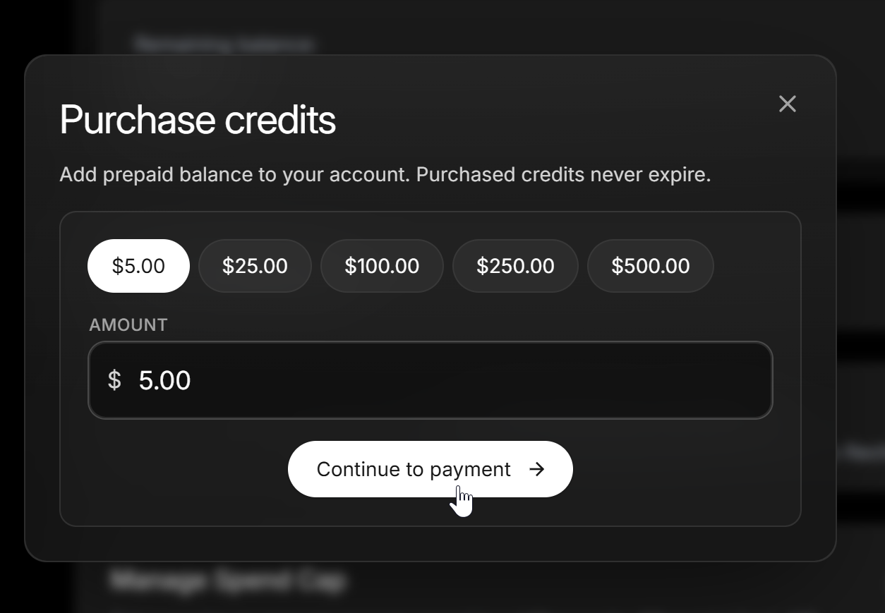 Purchase credits dialog with amount options