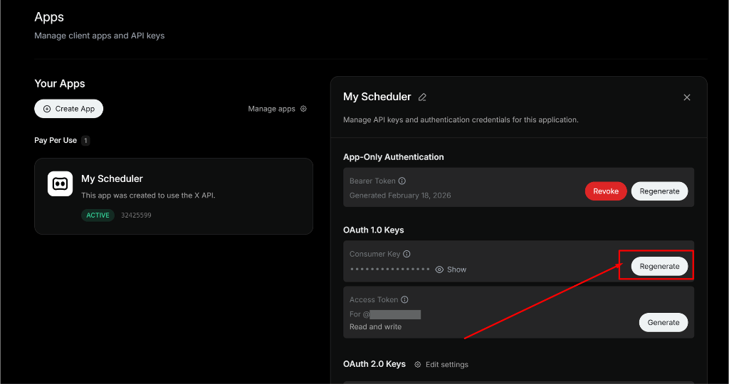 App settings showing OAuth 1.0 Keys with Regenerate button