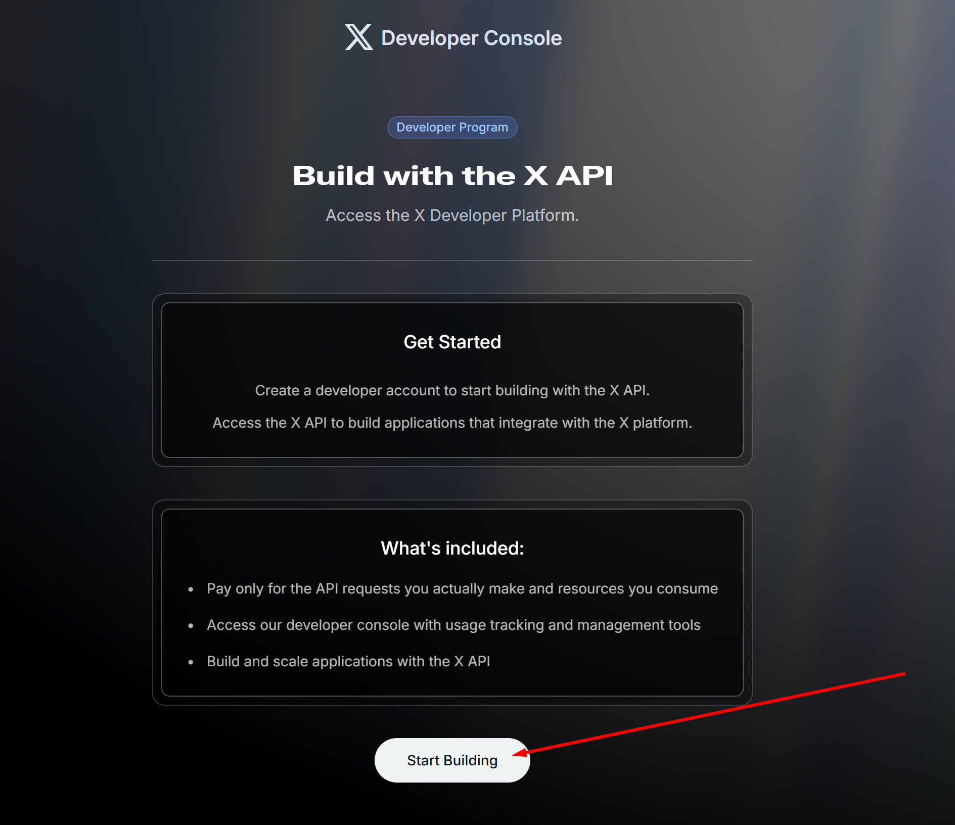 Start Building button on the X Developer Console