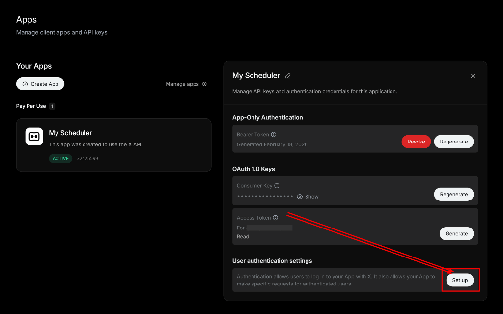 App settings showing User authentication settings with Set up button