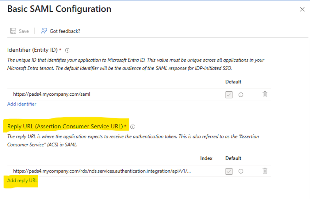 Entra ID Basic SAML Configuration Reply URL
