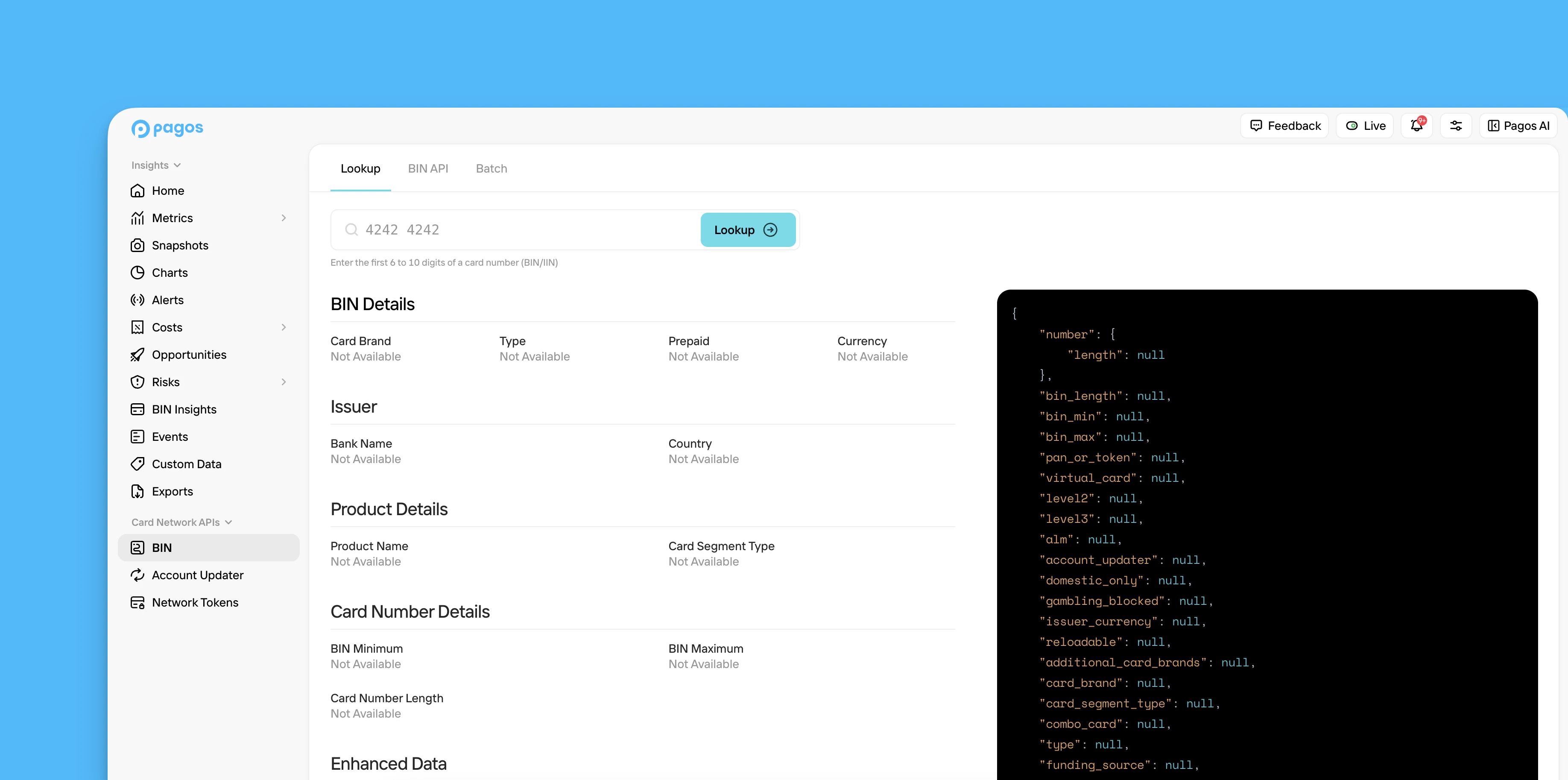 A BIN search in Pagos.