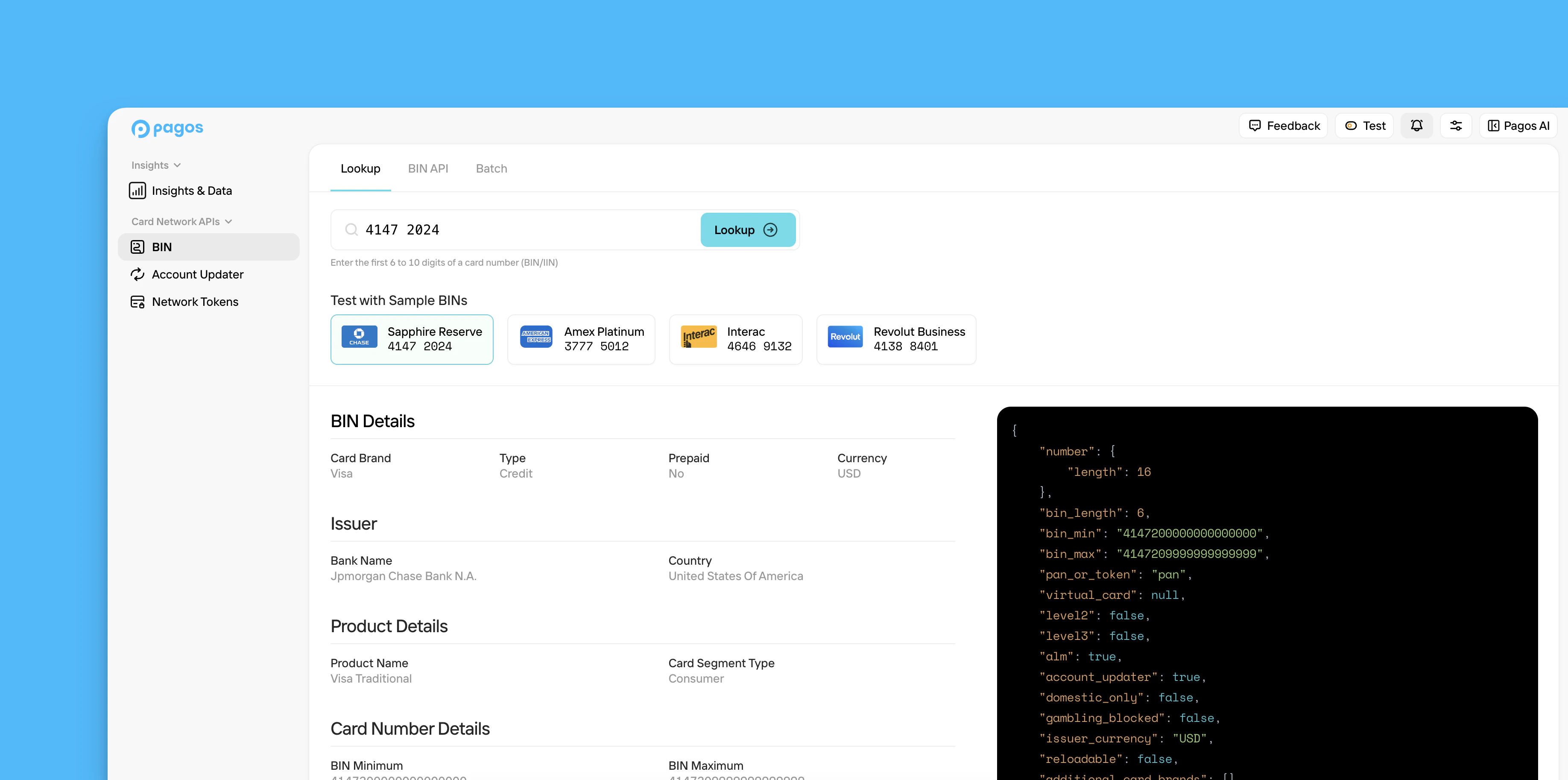 A BIN search in Pagos.