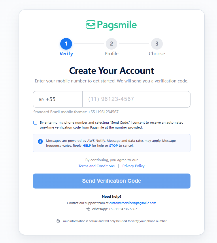 Open the registration page and enter your mobile phone number.