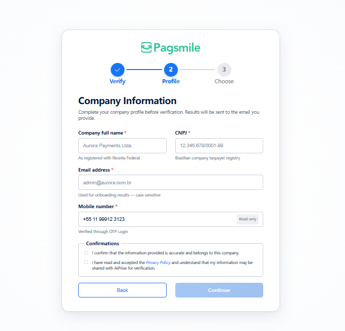 Complete the company registration form with your legal business details.