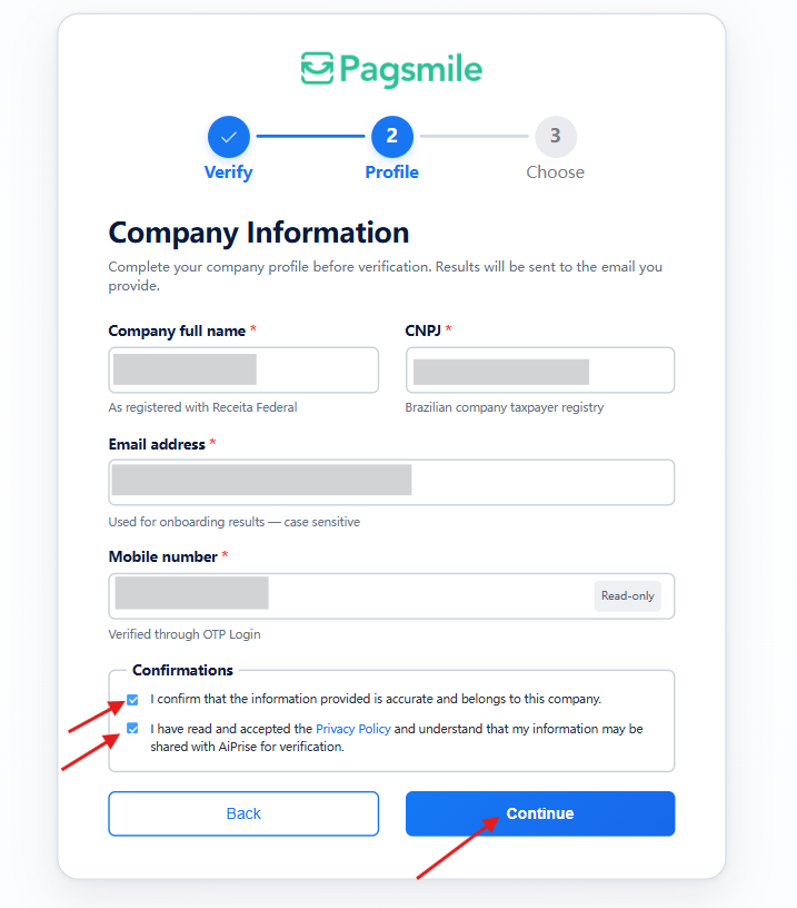 Review the company information and required confirmations, then select Continue.
