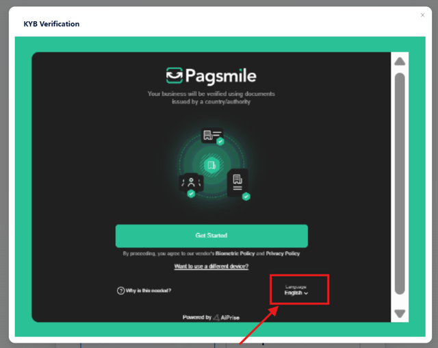 Open the language selector before starting verification.