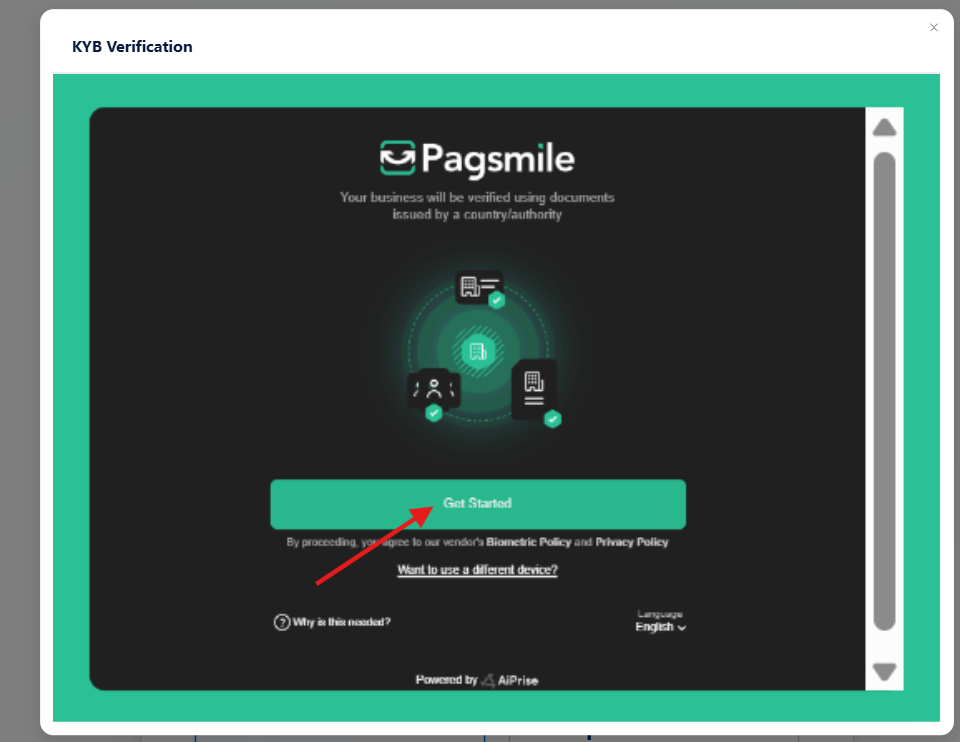 Select Get Started to begin business verification.