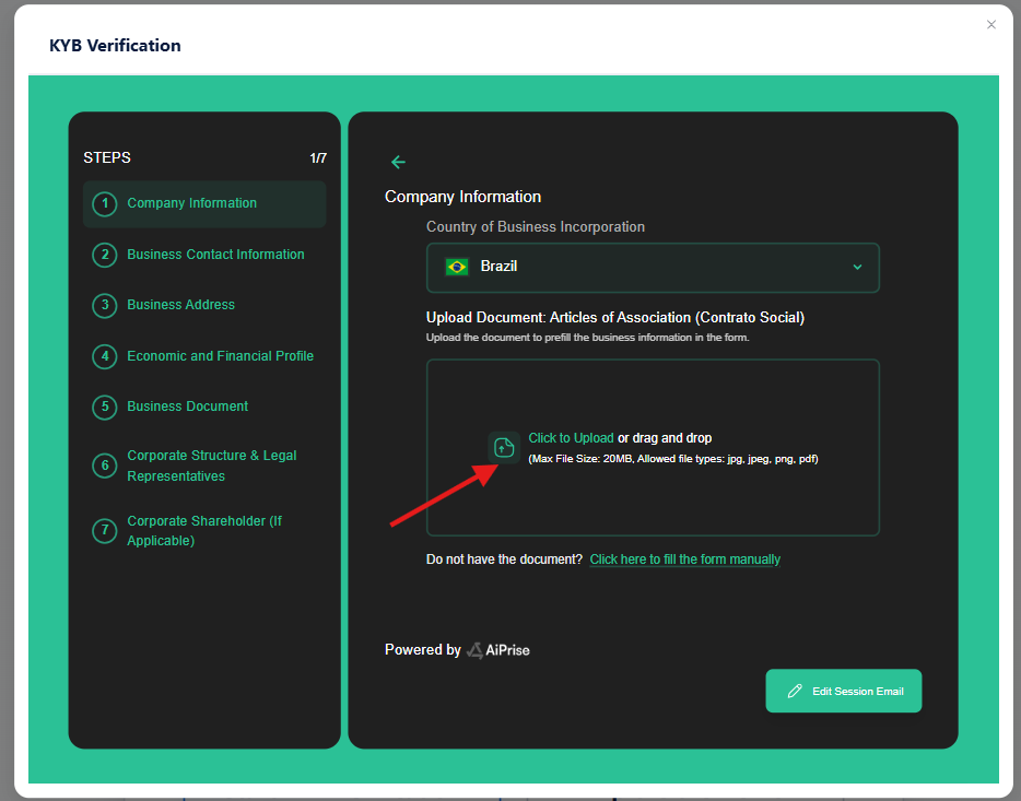 Upload the Articles of Association to populate the company information form.