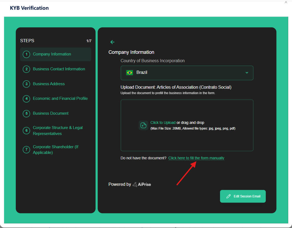 Select the manual entry option if you need to enter company information yourself.