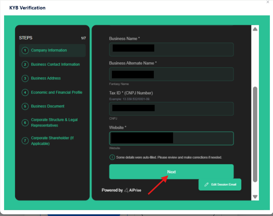 Review the company details, complete the required fields, and select Next.