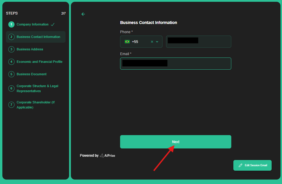 Enter the business phone number and email address, then select Next.