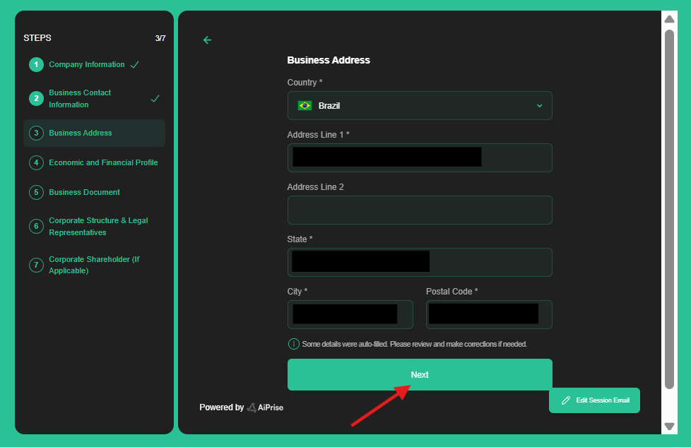 Complete the business address fields and select Next.