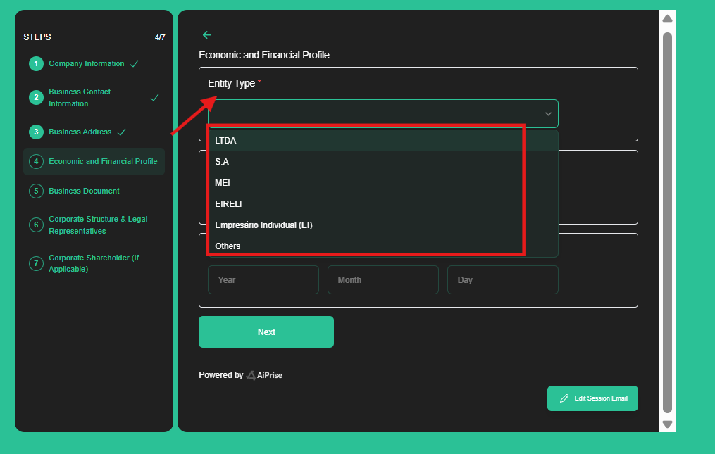 Select the entity type that matches your company records.