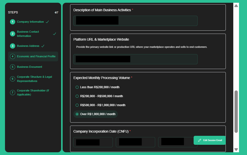 Describe your activities, add your website, select the expected monthly processing volume, and enter the incorporation date.