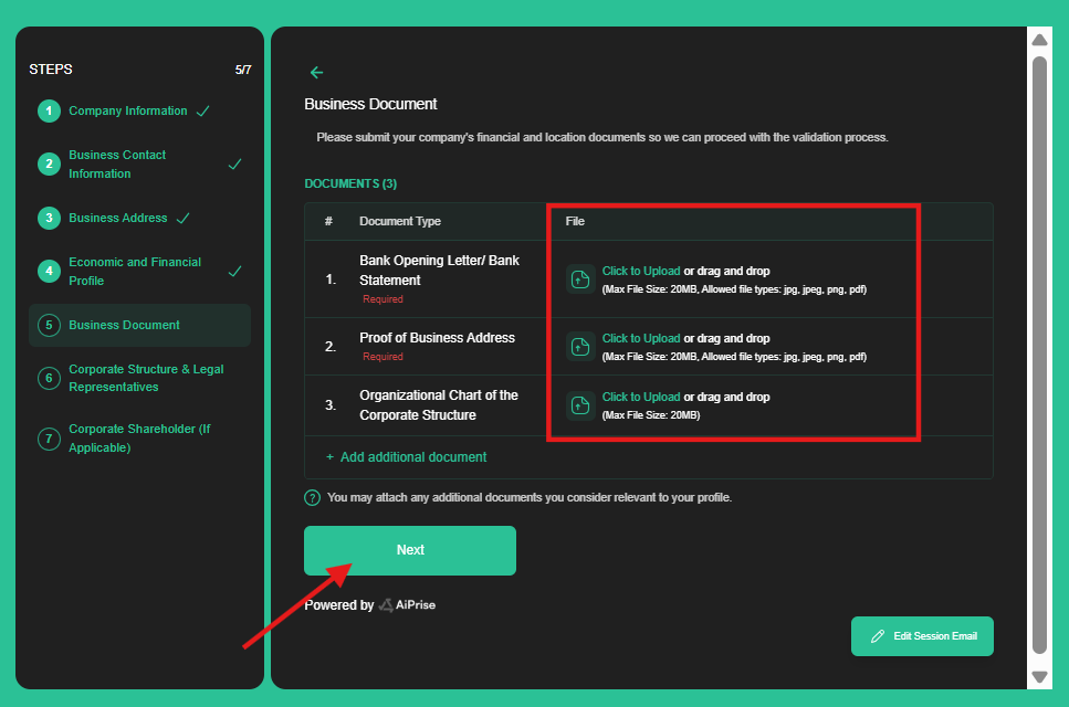Upload the supporting documents requested for your application, then select Next.