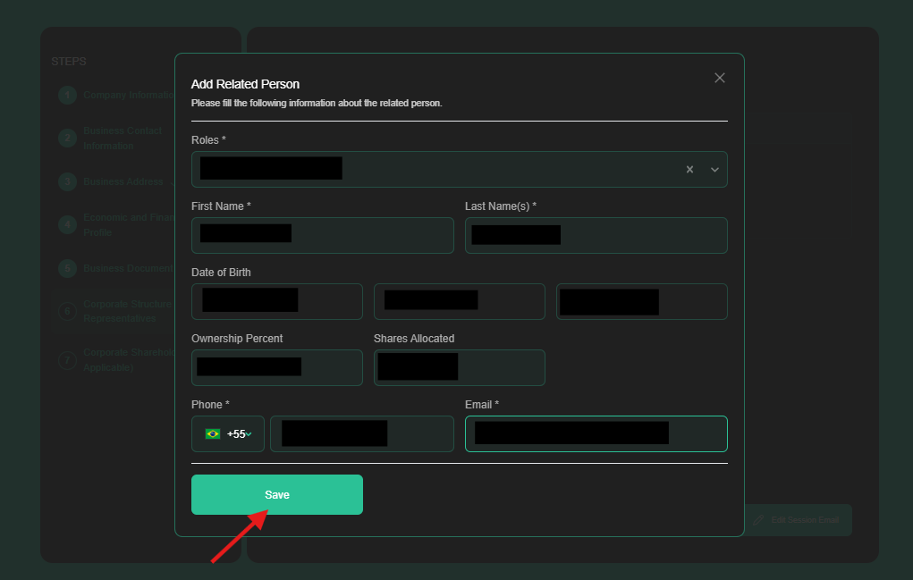 Complete the representative details and select Save.