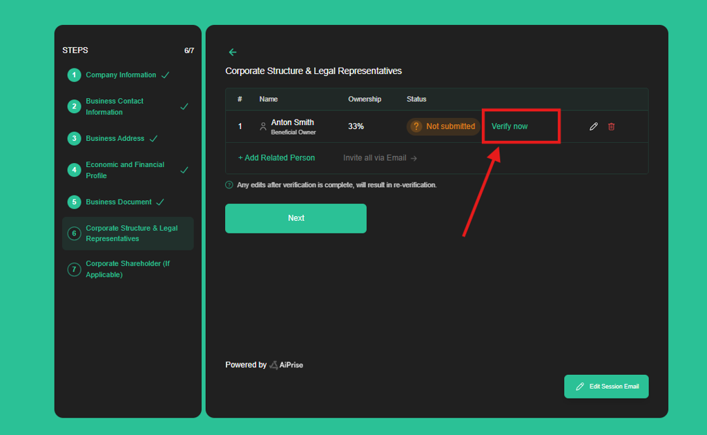Select Verify Now for the representative you want to verify.