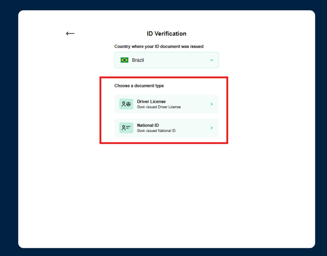 Choose the issuing country and an accepted identity document type.