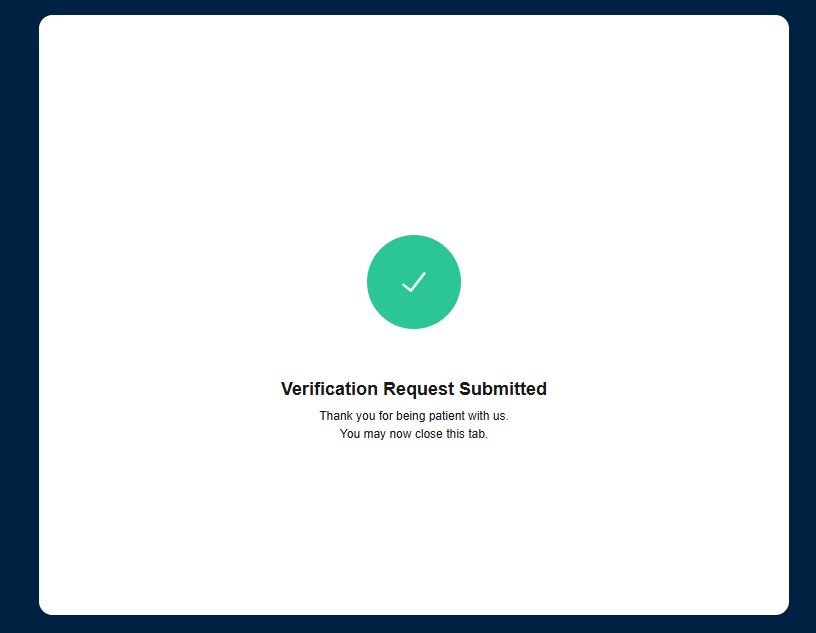 The confirmation screen indicates that the identity verification request has been submitted.