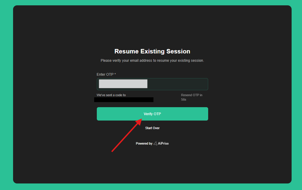 Enter the email verification code and select Verify OTP. The code is valid for 10 minutes.