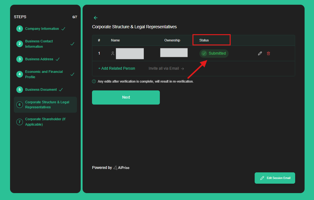 Review the status shown beside each representative in your application.