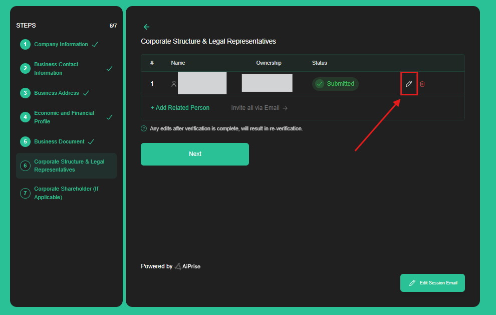 Use the edit control to update a representative entry.