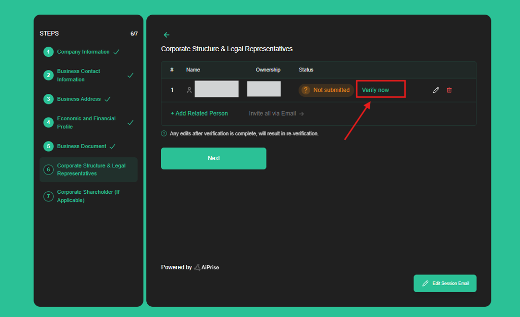 After changing submitted details, select Verify Now to complete verification again.