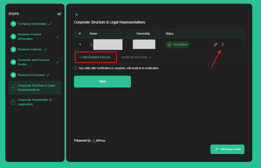 Use the entry controls to remove a person, or select Add Related Person to add someone new.