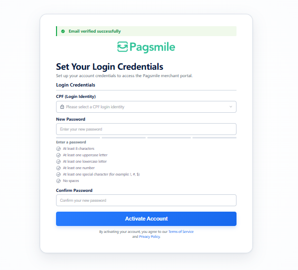 Complete the login credential fields, create and confirm your password, and select Activate Account.