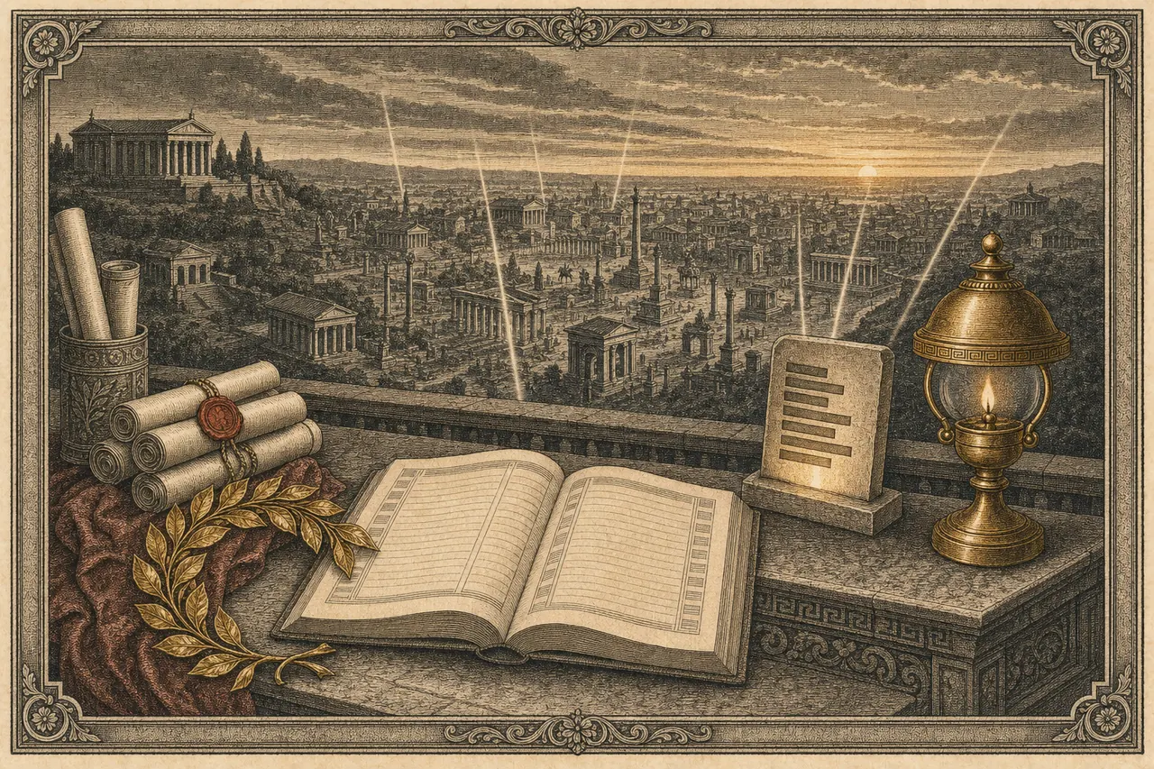 Engraving of a Roman research desk on the Palatine hill overlooking a forum of monuments
