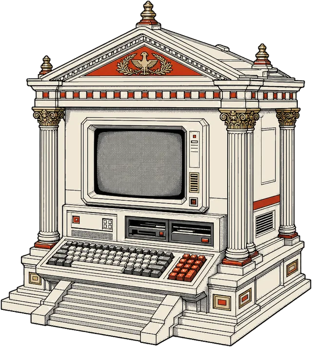 PalatineAI monument — a Roman temple housing a research terminal