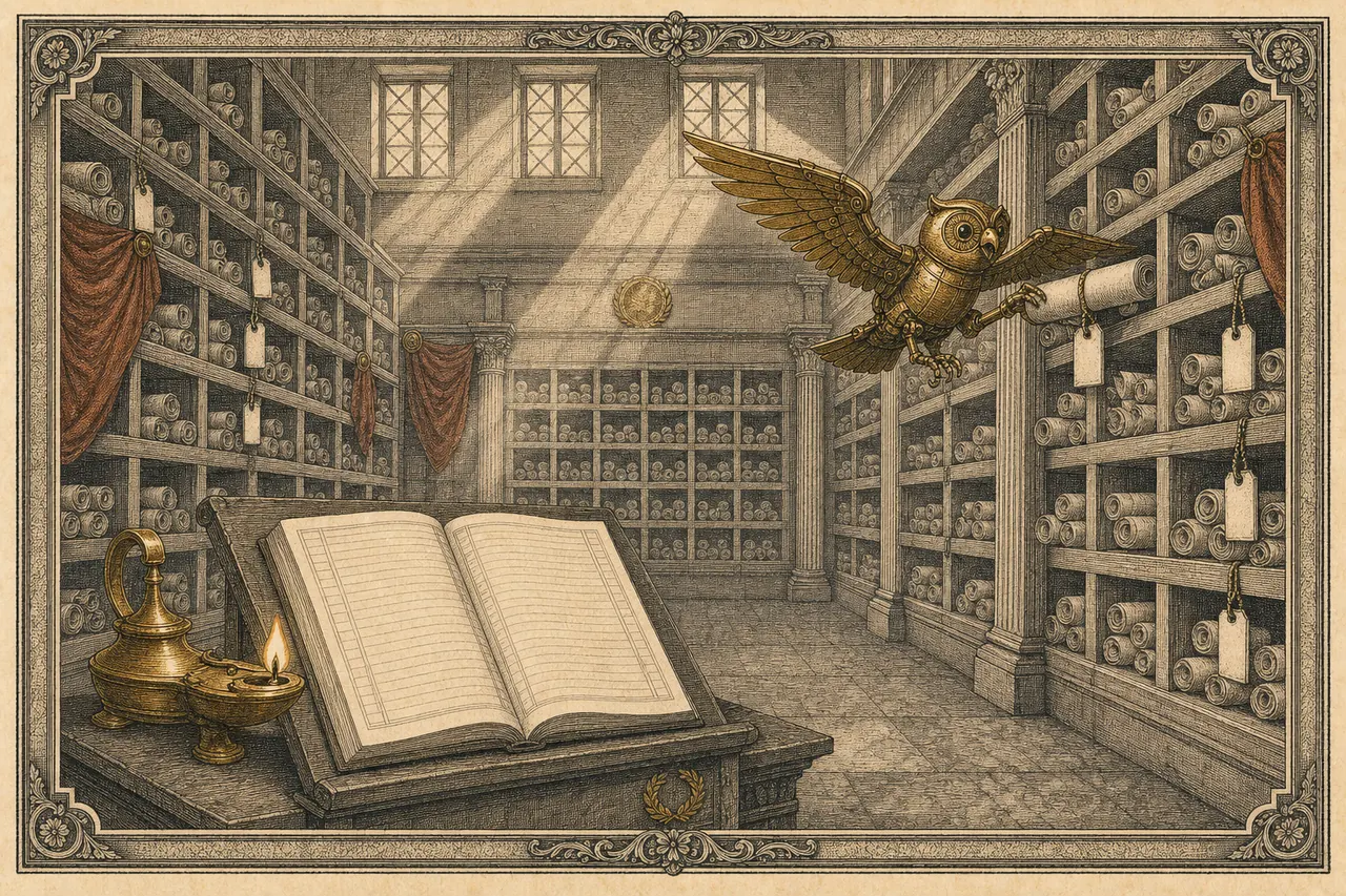 Engraving of a Roman archive hall with shelves of scrolls