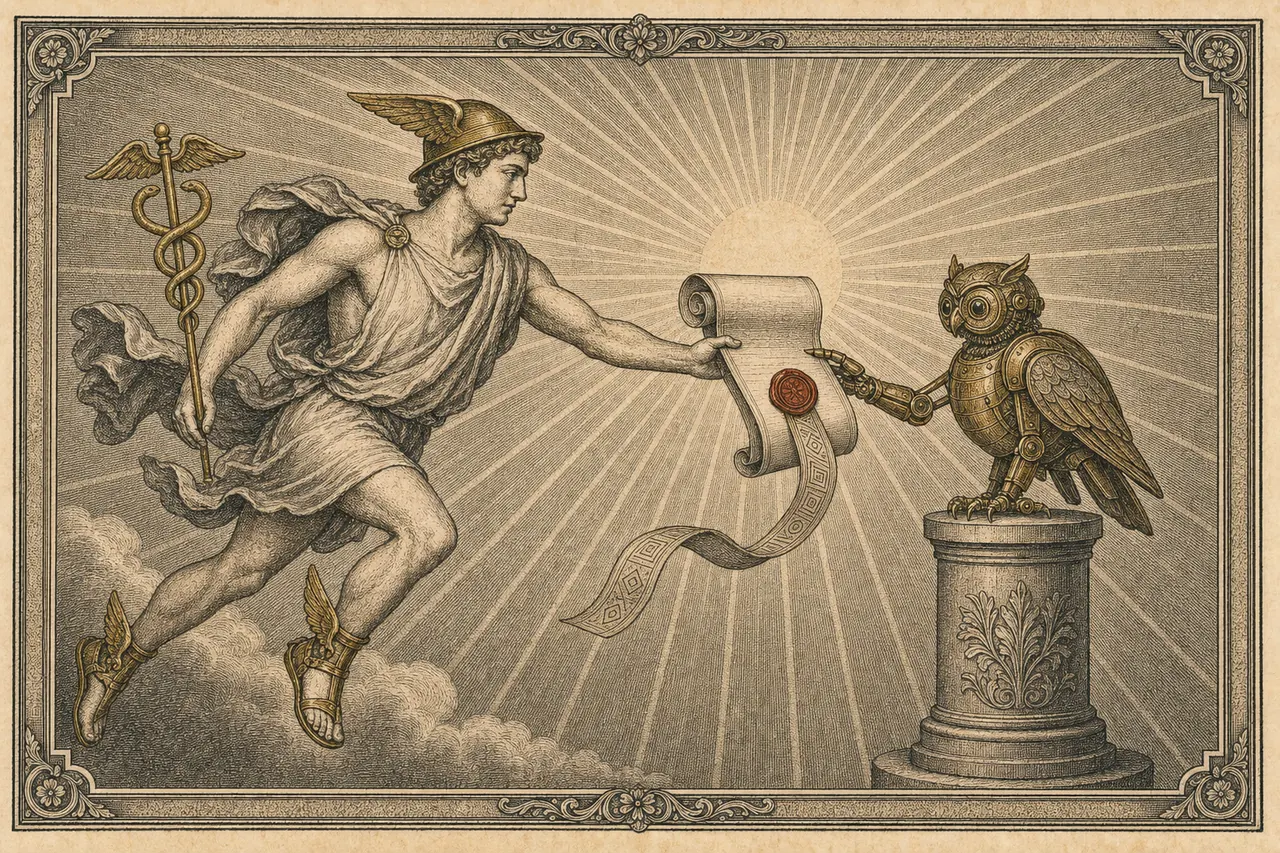 Engraving of Hermes handing a sealed scroll to a mechanical owl