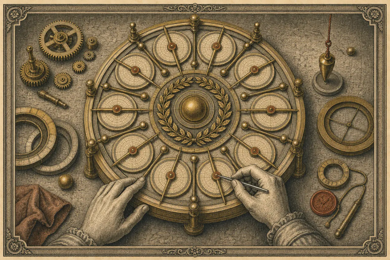 Engraving of an astrolabe-like instrument with twelve dials
