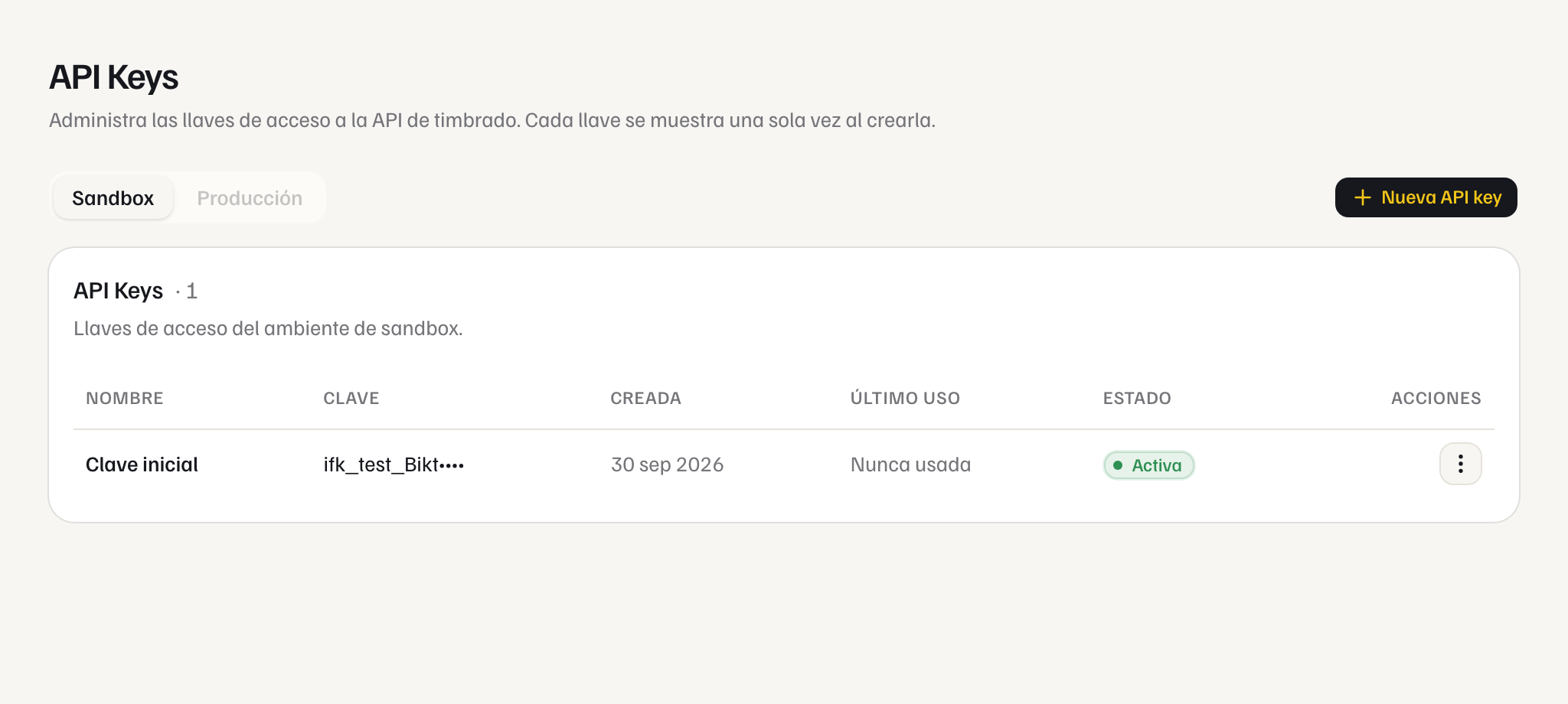 Sección API Keys de la Console con el ambiente Sandbox seleccionado y el botón Nueva API key