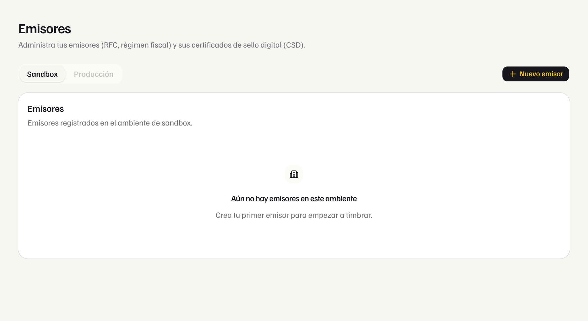Sección Emisores de la Console en el ambiente Sandbox, sin emisores todavía, con el botón Nuevo emisor