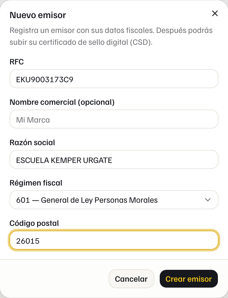 Formulario Nuevo emisor lleno con RFC EKU9003173C9, razón social ESCUELA KEMPER URGATE, régimen 601 y código postal 26015