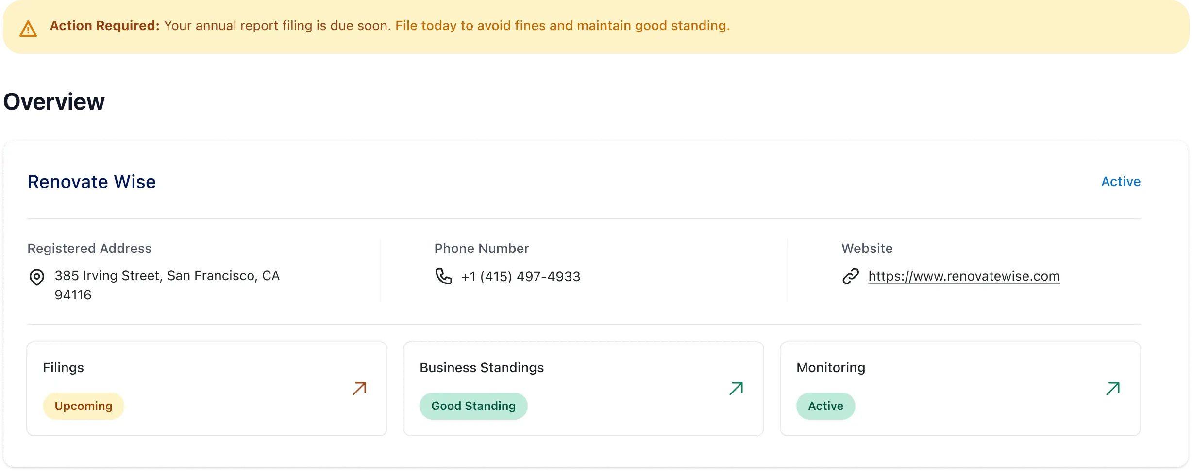 Image a business's information, and warnings about their status