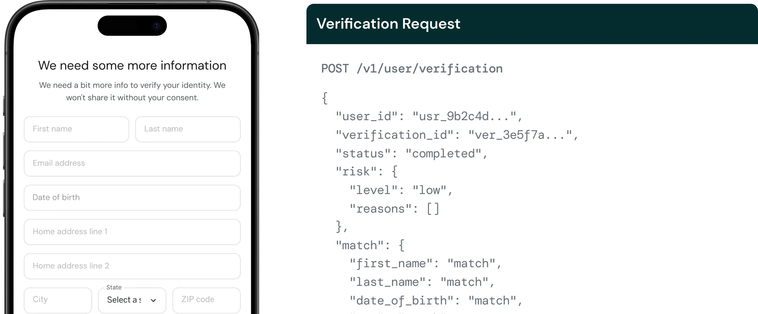 Image showcasing a form to collect information, and the output of an user verification request