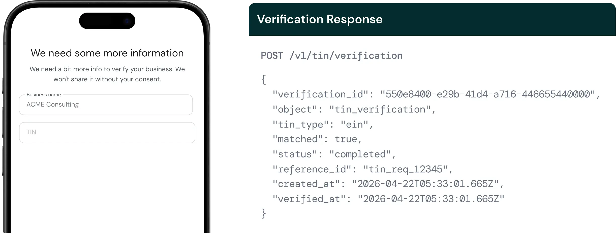 Image showcasing a form to collect information, and the output of a TIN verification request
