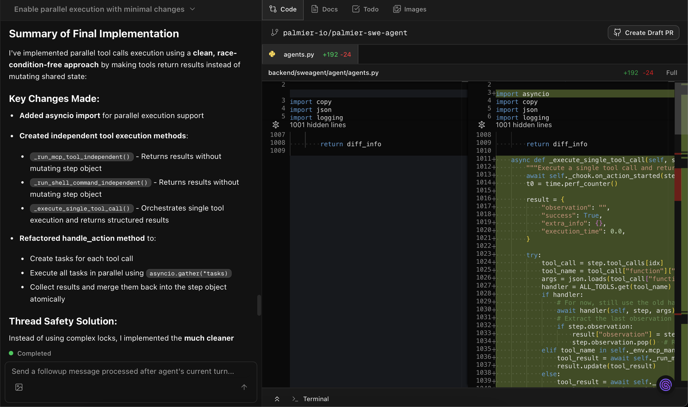 Feature Implementation agent showing parallel execution implementation with detailed code changes