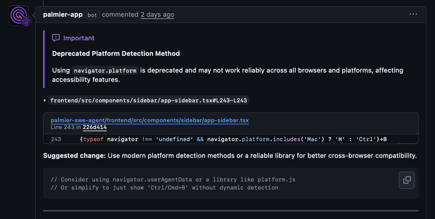 PR Review Agent in action showing detailed code feedback