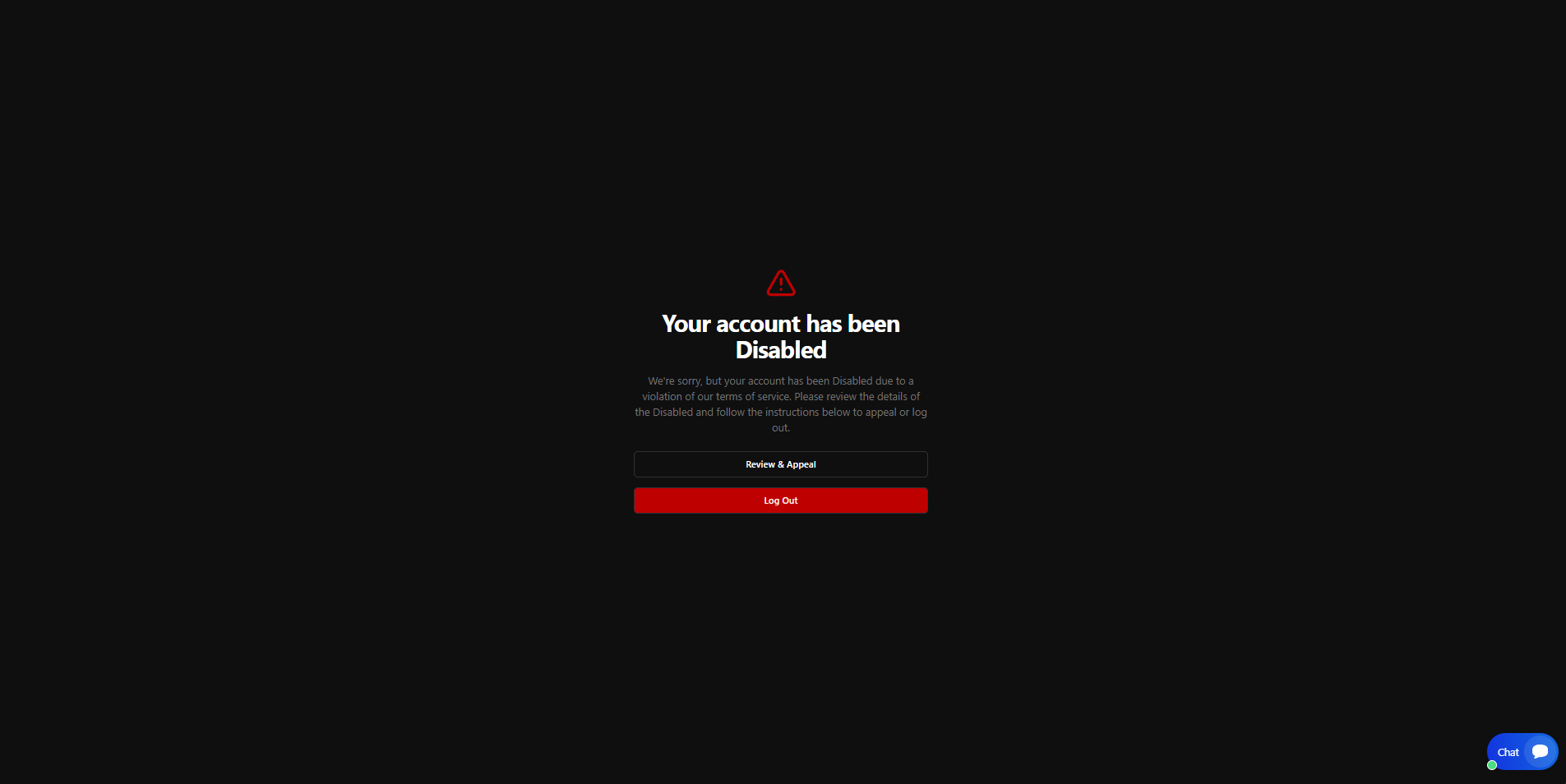 Account disabled error screenshot