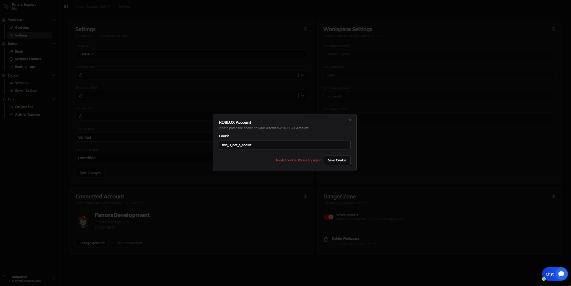 Invalid cookie error screenshot