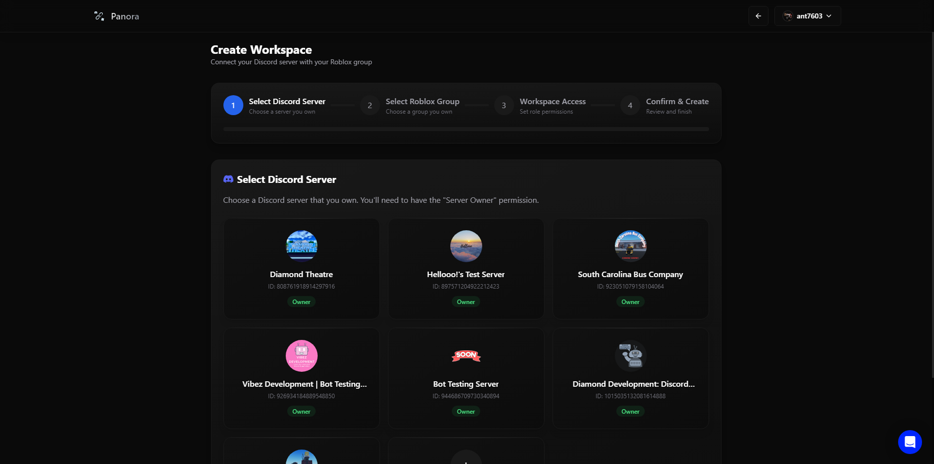 Discord guild selection screen