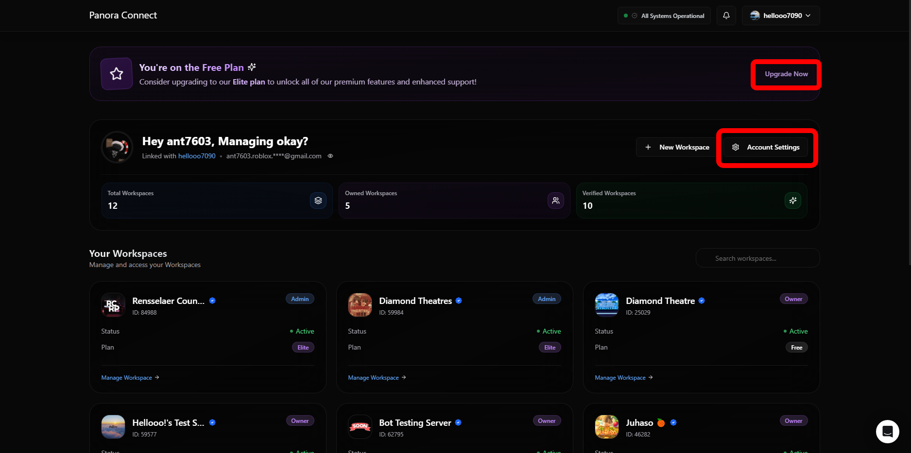 Workspace selection screen