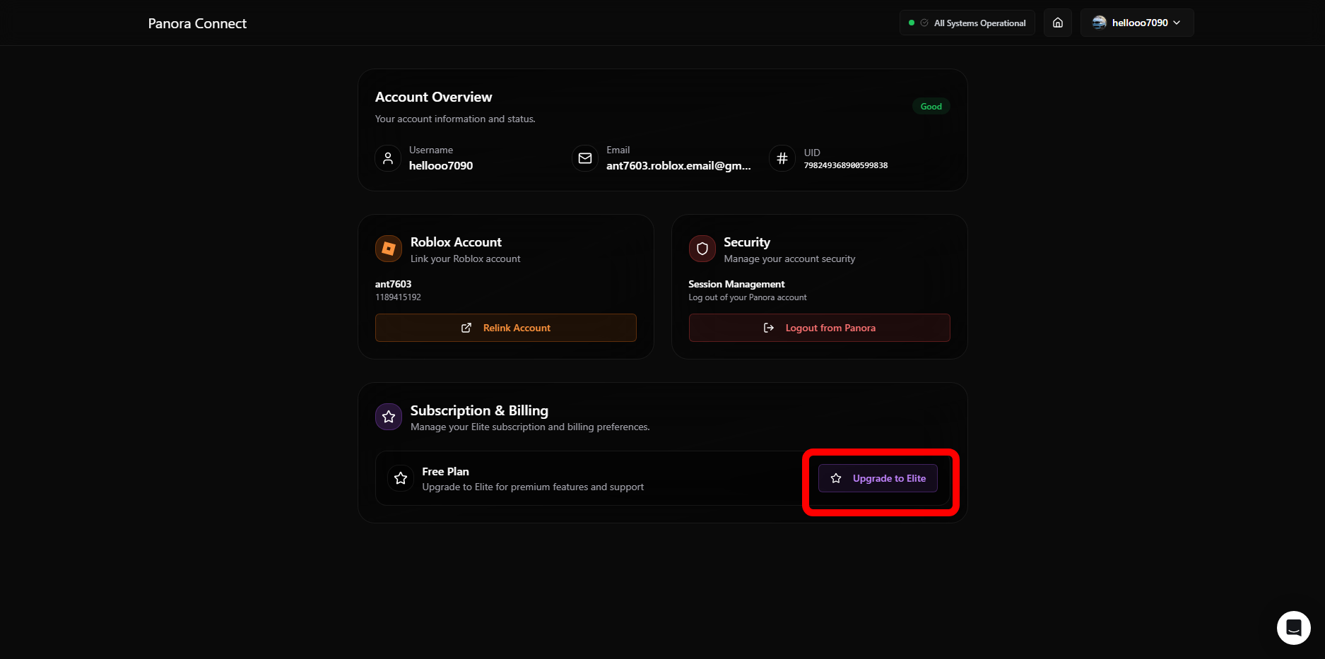 Account profile menu