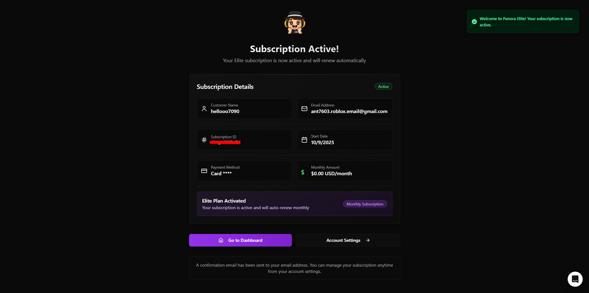 Subscription Active screen